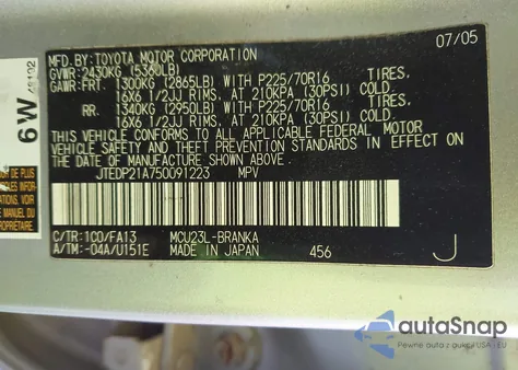 2005 Toyota Highlander V6 z USA, uszkodzony, nr VIN JTEDP21A750091223